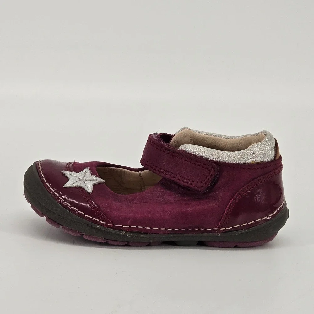Clarks First Shoes Tiny Mist Plum Burgundy Leather Mary Jane Stars Shoes Sz 6W